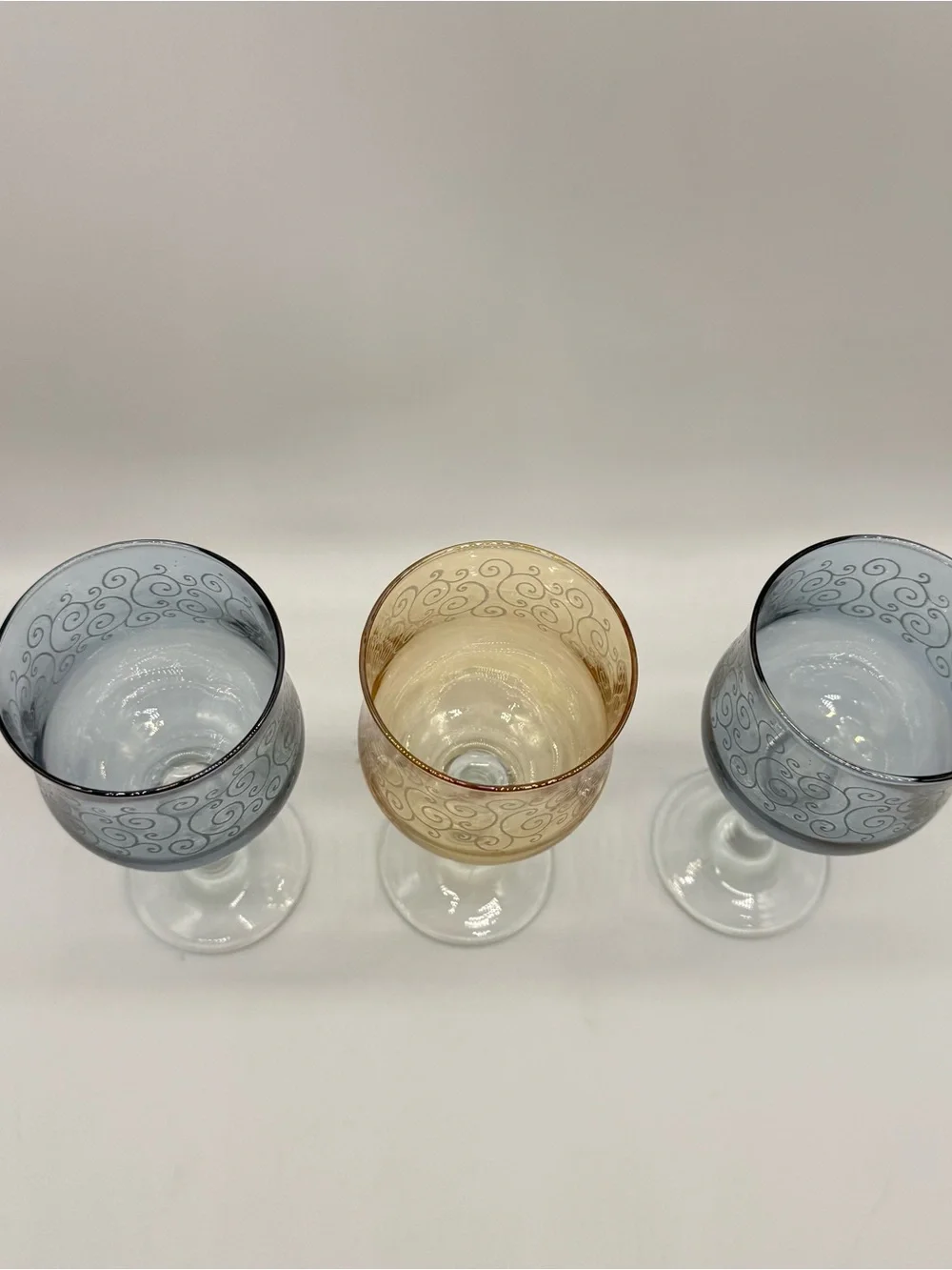 Cristalleria Fumo Handmade Italy Wine Glasses Set of 3 Etched Colored Goblets